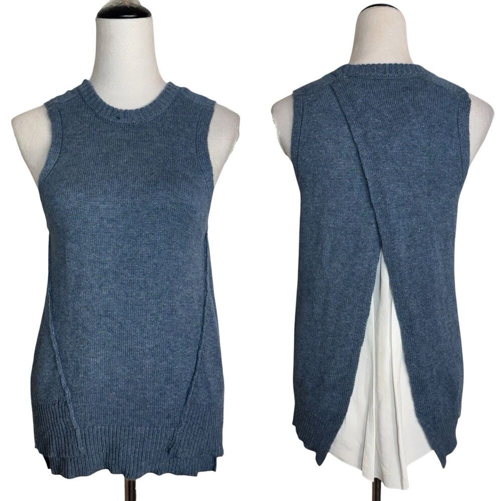 Brochu Walker Wool Cashmere Split Back Layered Sweater Knit Top S Blue White